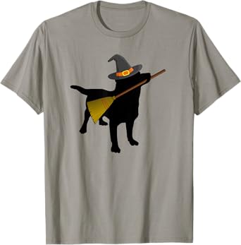 Funny Halloween Black Lab Dog Cute Witch Hat Broom T-shirt T-Shirt
