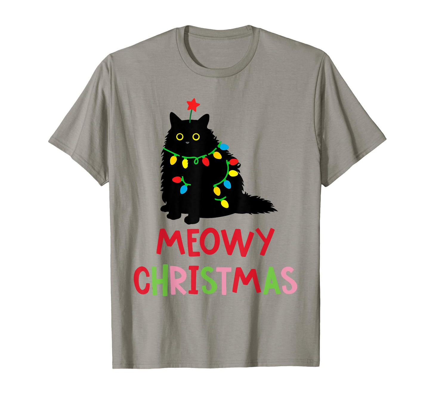 Meowy Christmas Funny Black Cat Christmas Lights Cat Lovers Men Women Kids T-Shirt