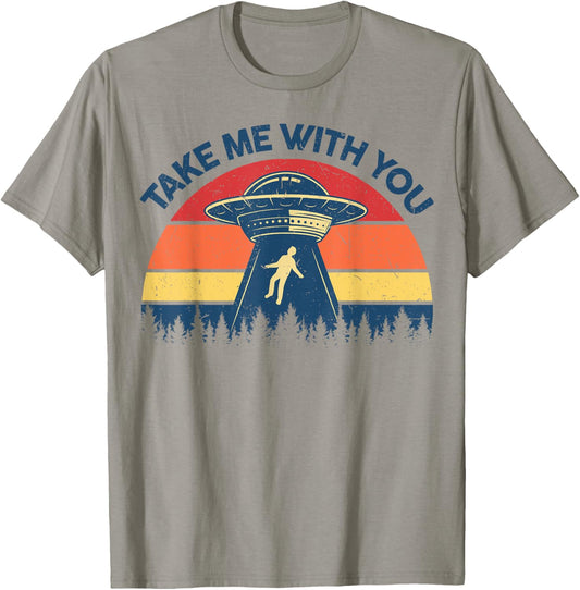 CAT Unisex-Adults Retro UFO Alien Abduction T-Shirt, Grey, Small