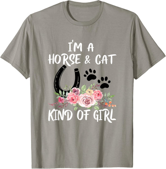 I Am Horse & Cat Kind Of Girl Horseshoe Paws T-Shirt