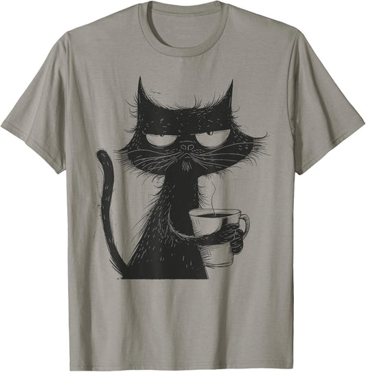 Funny Angry Cat With Coffee Mug Graphic T-Shirt