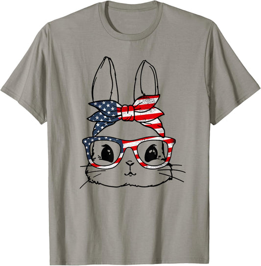 Cute Bunny Face American US FLag Glasses Easter Day T-Shirt