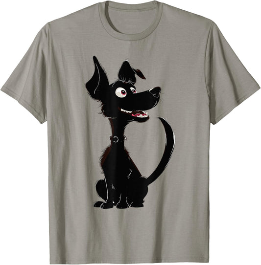 Happy Black Cartoon Dog – Big-Eyed Pet Character T-Shirt
