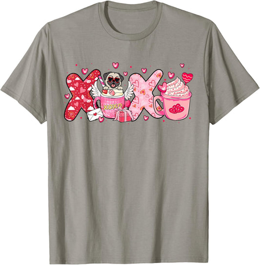 Cute Iced Coffee Pug Dogs Valentines Puppy Dog Lover Mom Dad T-Shirt