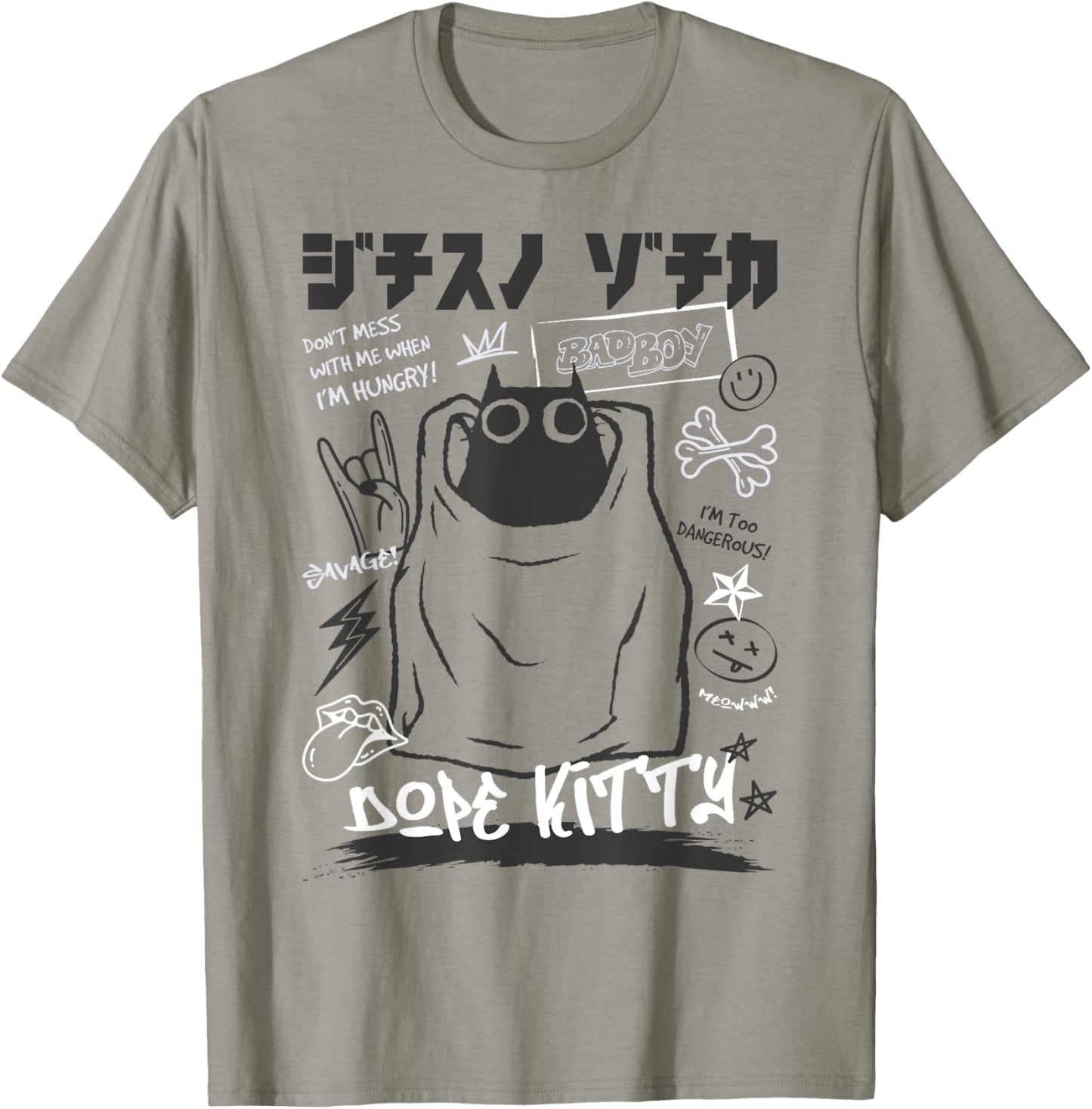 Funny Japanese Cartoon Black Cat Humorous Kitty T-Shirt