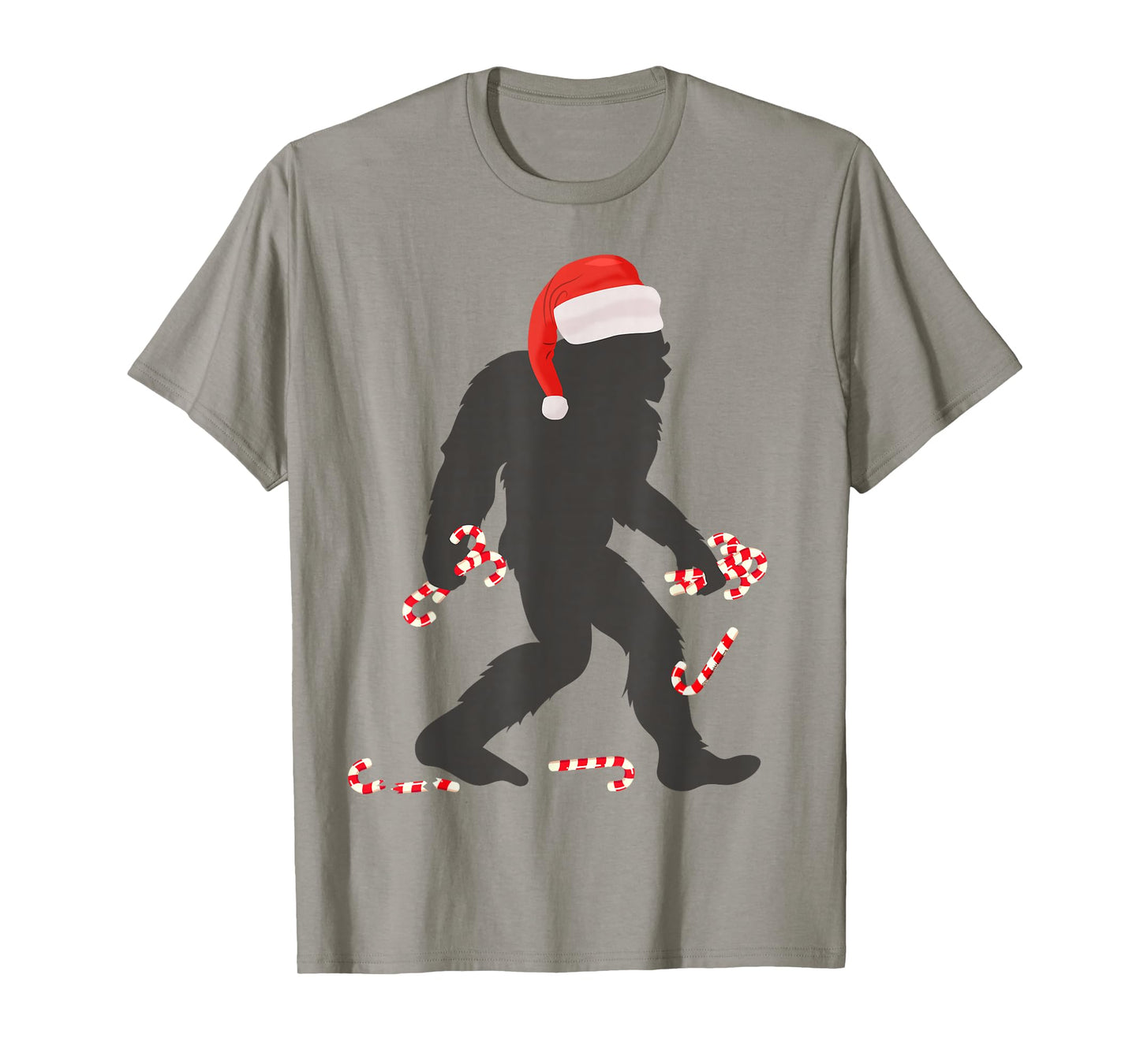 Funny Christmas Bigfoot with Santa Hat Carrying Candy Canes T-Shirt