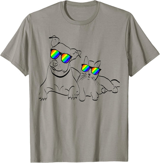 Funny Cat & Dog Gay Pride LGBT Rainbow Sunglasses T-Shirt