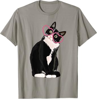 Cool Black Cat Kitten Red Heart Glasses Happy valentines Day T-Shirt