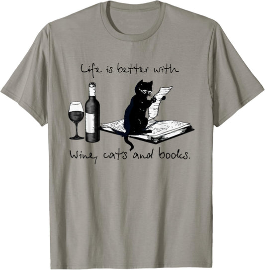 Life Is Better With Wine Cats And Books Cat Reading Books T-Shirt