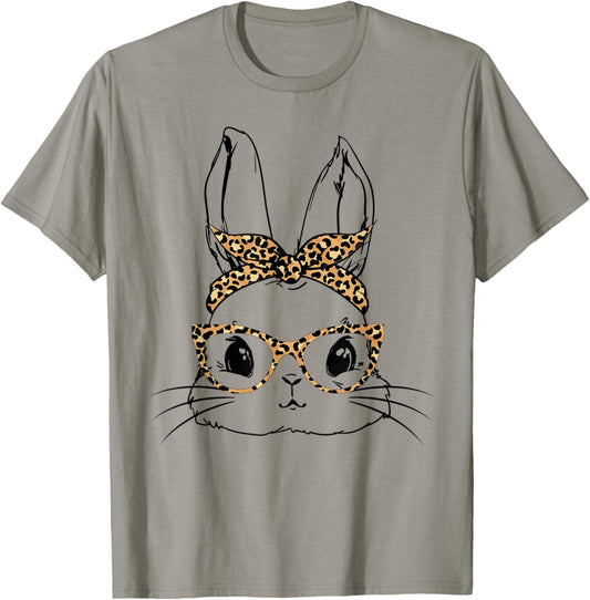 Cute Bunny With Bandana Leopard Glasses Easter Day T-Shirt