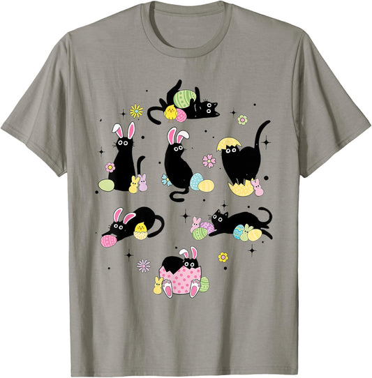 Black Cat With Bunny Eggs Happy Easter Day Matching T-Shirt
