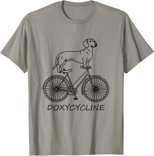 Vintage Retro Dachshund on Bicycle Doxycycline Pharmacy Pun Dog Pharmacist T-Shirt, Small, Grey