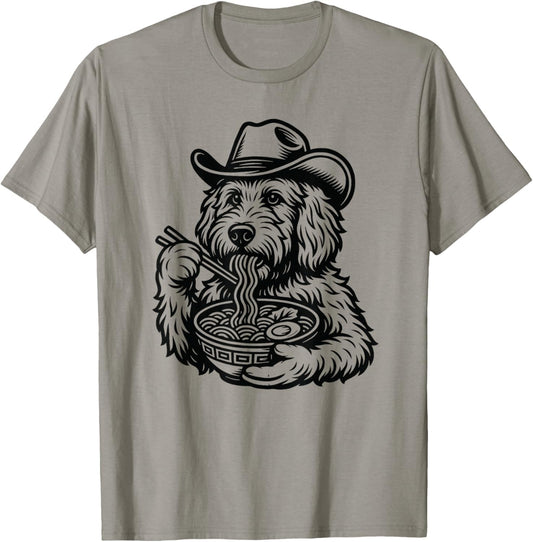 Golden Doodle Dog Eating Ramen Japanese Noodles Cowboy Hat T-Shirt