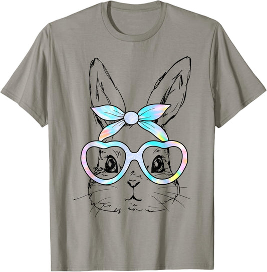 Cute Bunny Rabbit Face Tie Dye Glasses Girl Happy Easter Day T-Shirt