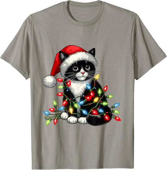 Funny Black Cat Christmas Tree Lights Santa Kitten XmasLight T-Shirt