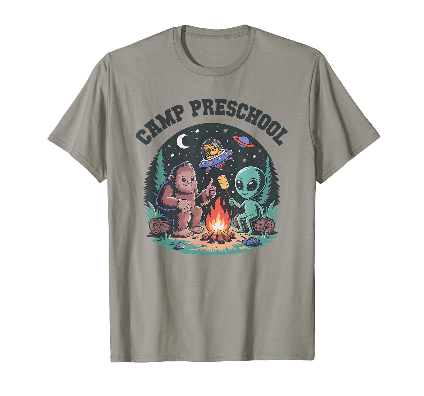 Cute Camp Out Preschool Tiny Bigfoot Campsite Alien Camping T-Shirt