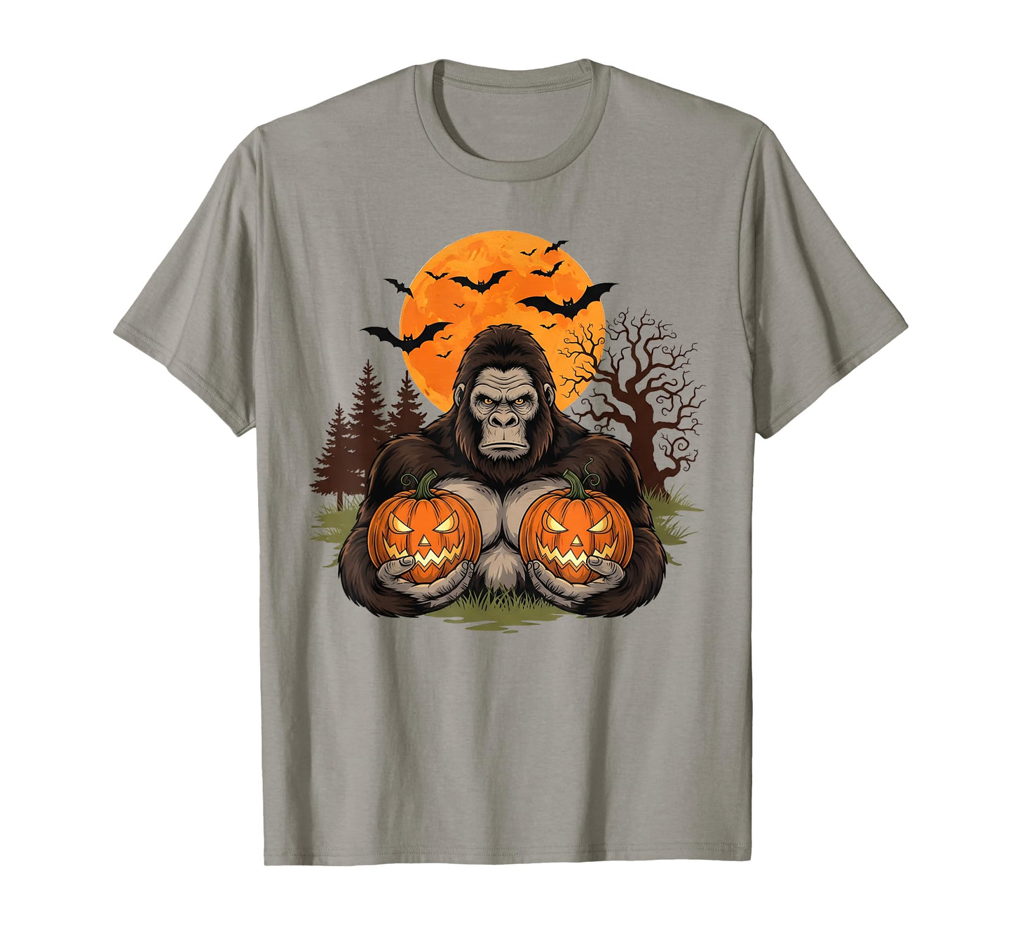 Spooky Halloween Bigfoot Pumpkin Moon Bats Men Women Kids T-Shirt