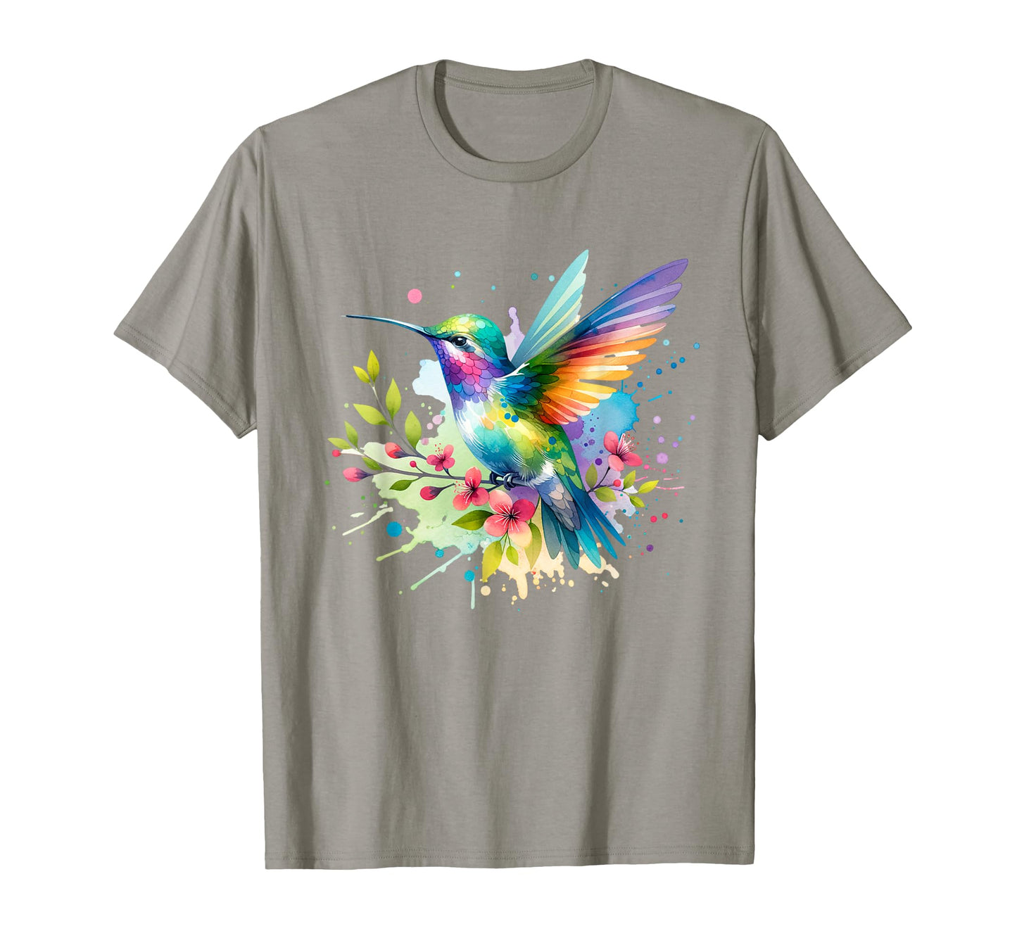 Hummingbird, Spring Floral Watercolor Scene T-Shirt