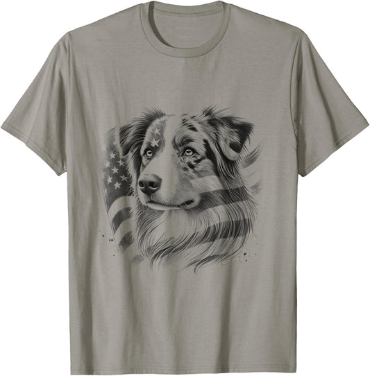 Australian Shepherd Dog American Flag Aussie Design T-Shirt