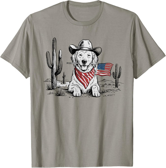 Golden Retriever USA Flag Cactus Western Theme Patriot Party T-Shirt