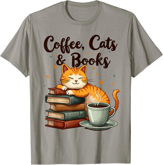 Coffee Cats And Books Lover, For Women & Girls, Funny Coffee T-Shirt