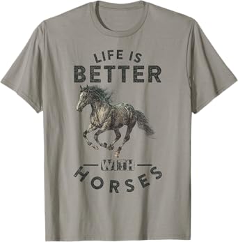 Life Is Better With Horses Funny Horseback Riding T-Shirt - Unisex-Adults, Grey, Small, Short Sleeve, T-Shirt, Letter Print, Crew Neck, Classic Fit, Pull On, Patriotic, Horseback Riding, Equestrian