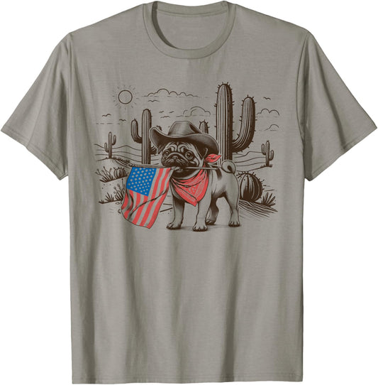 America Western Cowboy Dog Pug 4th of July T-shirt
