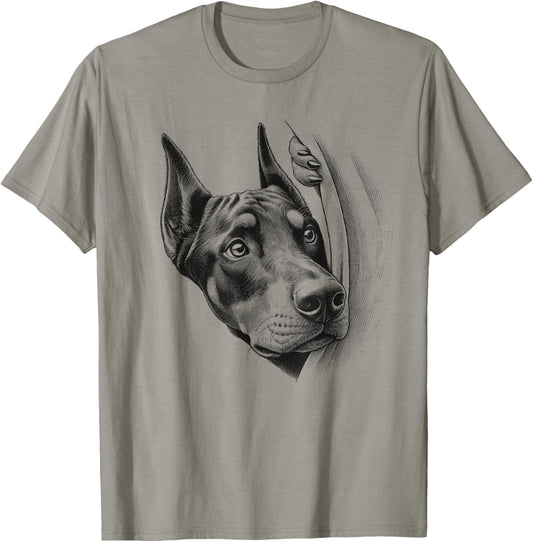 Doberman Pinscher Peeking Dog Dobie Design Men Women T-Shirt