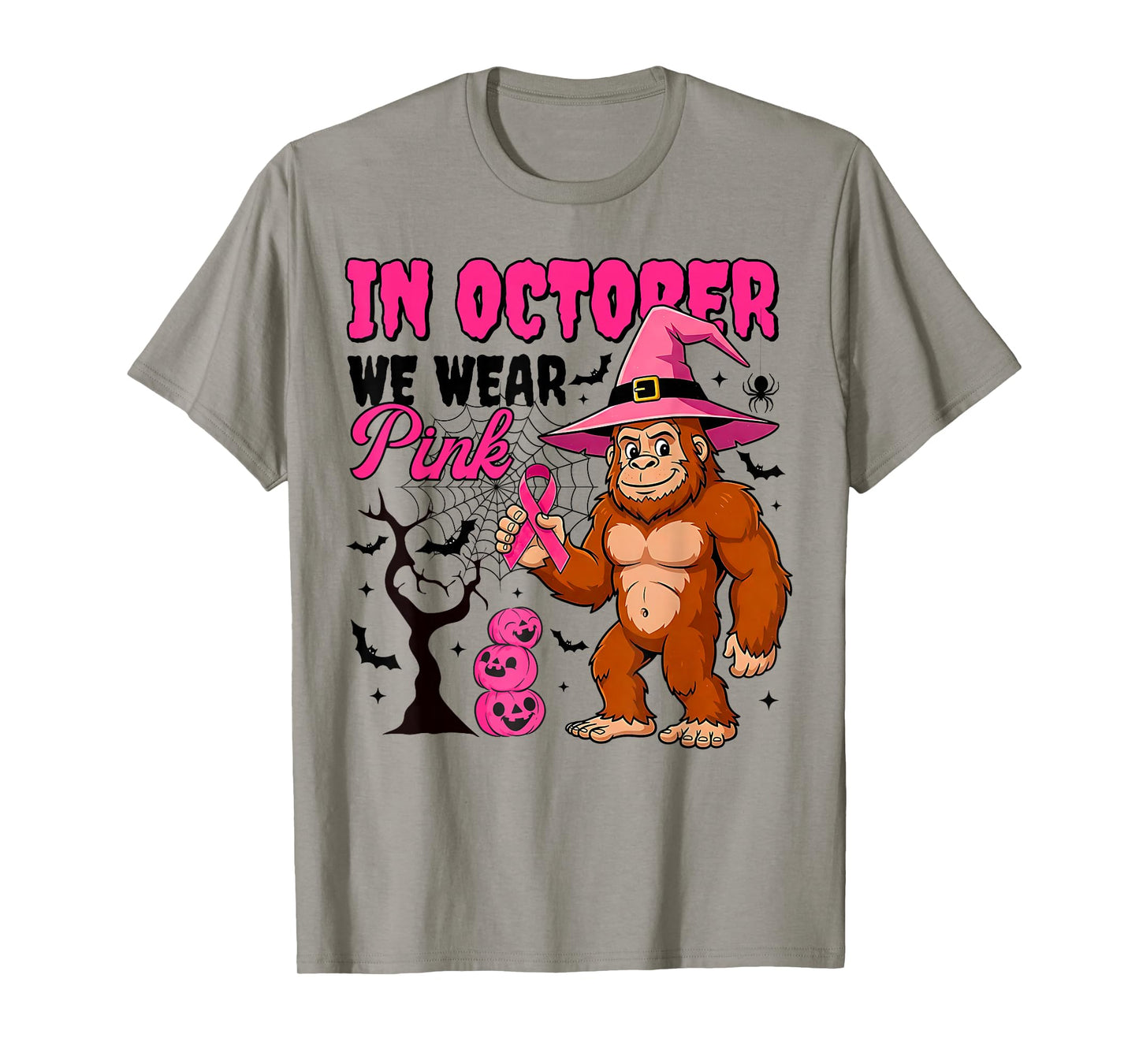 in October We Wear Pink Breast Cancer Awareness Bigfoot T-Shirt