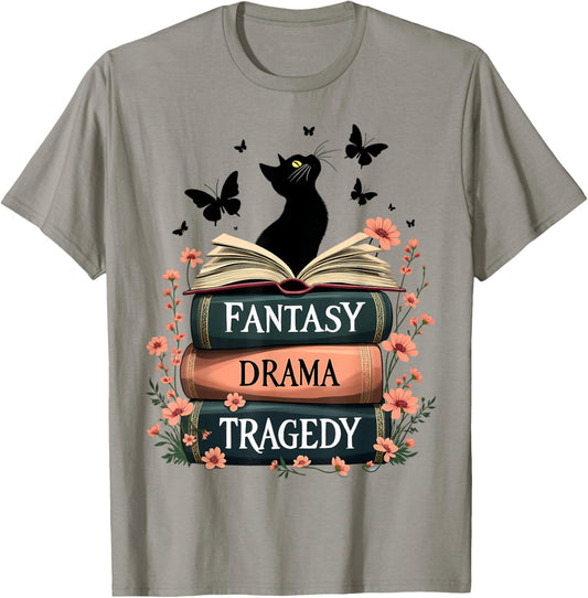 Fantasy Drama Tragedy Cat Book Nerd Reading Lover Literary T-Shirt