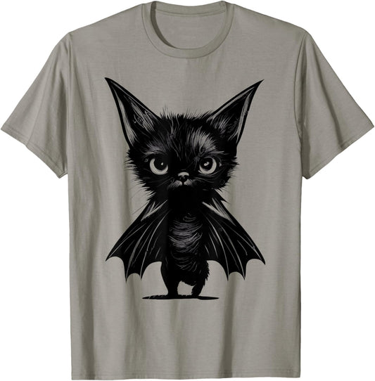 Halloween Grumpy Black Kitten In Bat Costume T-Shirt
