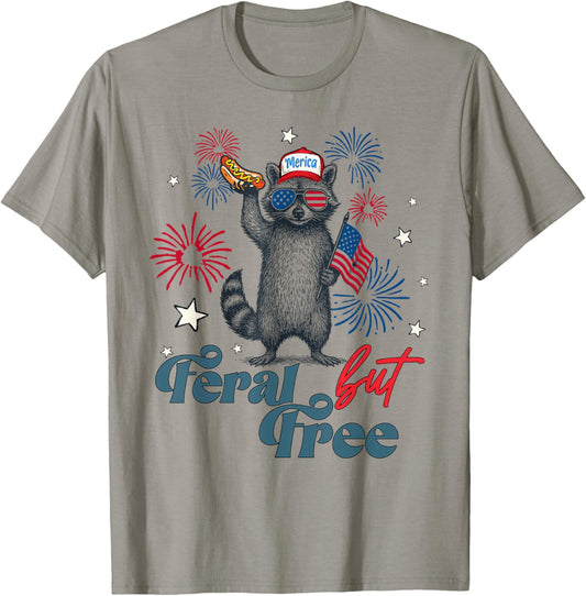 Feral But Free Funny Raccoon Hot Dog 4th of July Boy T-Shirt
