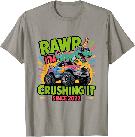 Monster Truck Dinosaur 4th Birthday Shirt Boys Rawr I'm 4 T-Shirt