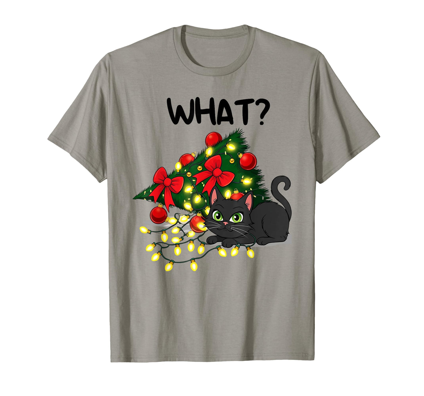 Funny Black Cat Pushing Christmas Tree Over Cat What? Xmas T-Shirt