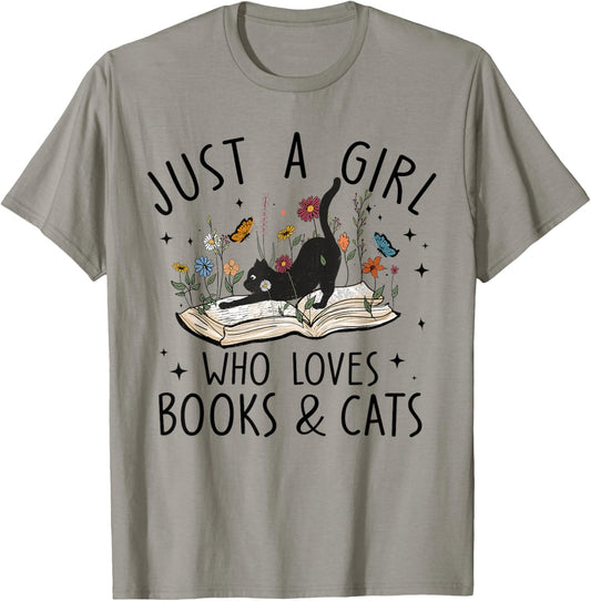 just A Girl Who Loves Cats And Books Reading Bookworm Girls T-Shirt