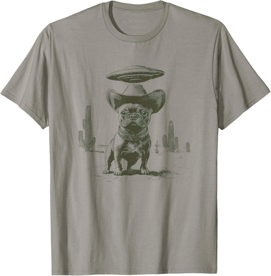 French Bulldog With Cowboy Hat In Desert UFO ALien T-Shirt
