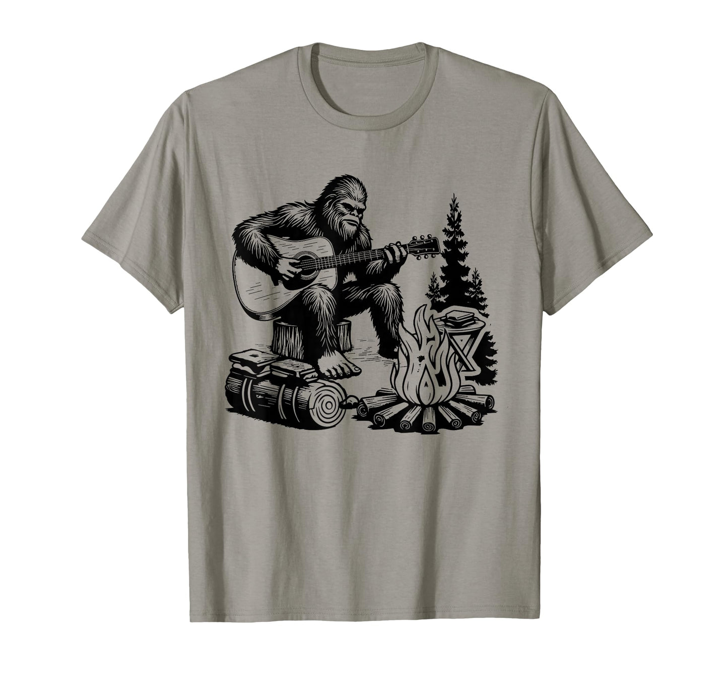 Bigfoot Camping Smore Rock Bigfoot Playing Guitar Campfire T-Shirt
