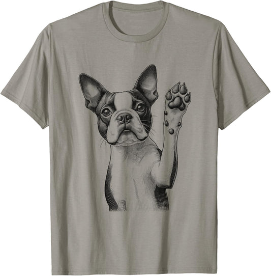 Boston Terrier Dog Raising Paw Design Idea T-Shirt