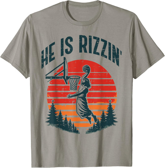 Easter He Is Rizzin Retro Basketball Religious Men Boys Kids T-Shirt