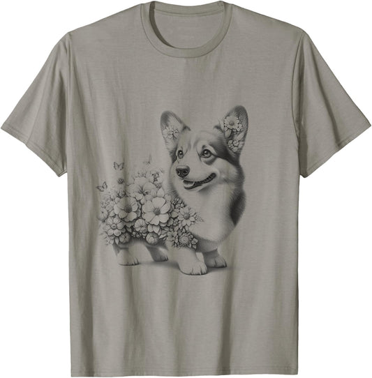 Floral Pembroke Welsh Corgi Dog Flowers Design Idea T-Shirt