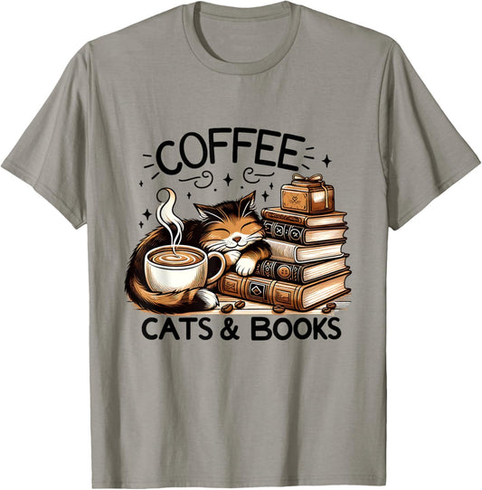 Funny Cute Coffee Cats Books Lover Gift Idea Women Men Kids T-Shirt