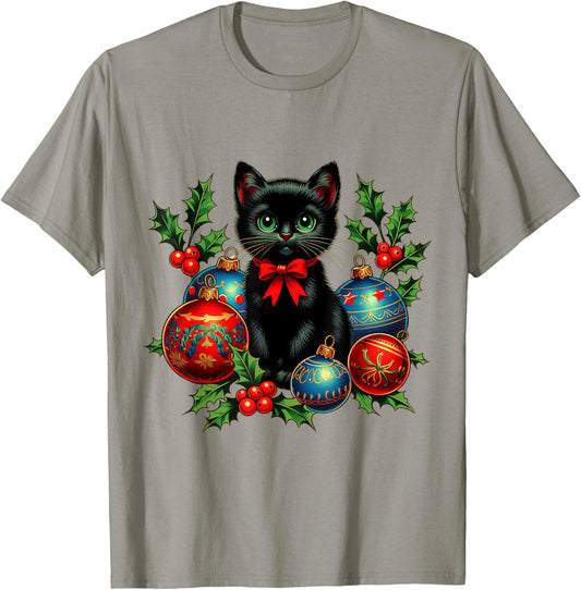 Vintage Black Cat Christmas Ornaments Santa Kitten Festive T-Shirt
