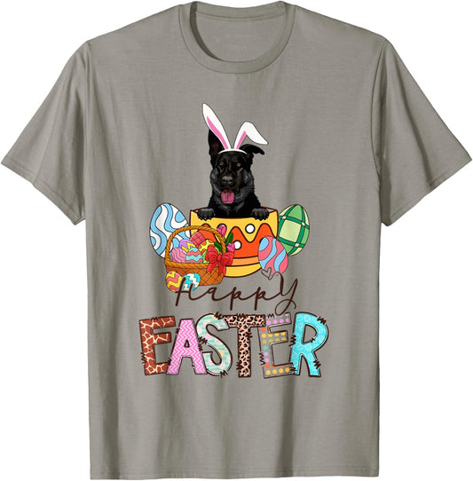 Happy Easter Peeking Black German Shepherd Bunny Ear Dog T-Shirt