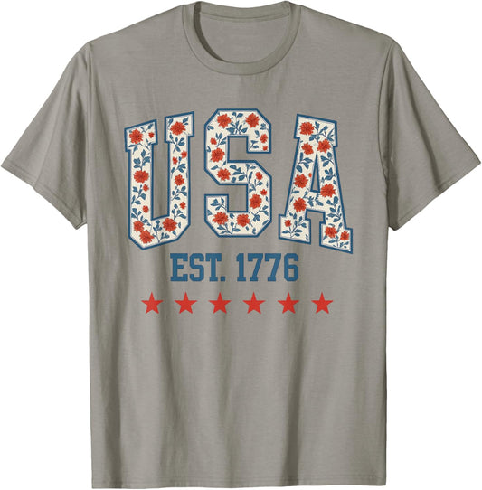 Floral USA Retro 4th Of July America Coquette T-Shirt