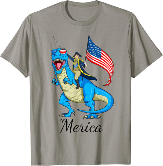 Merica Patriotic TRex Dinosaur George Washington 4th of July T-Shirt