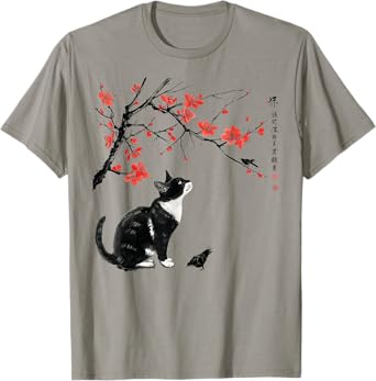 Japanese Nature art: Cat and bird with Cherry Blossom tree Men Women Girls Kids T-Shirt