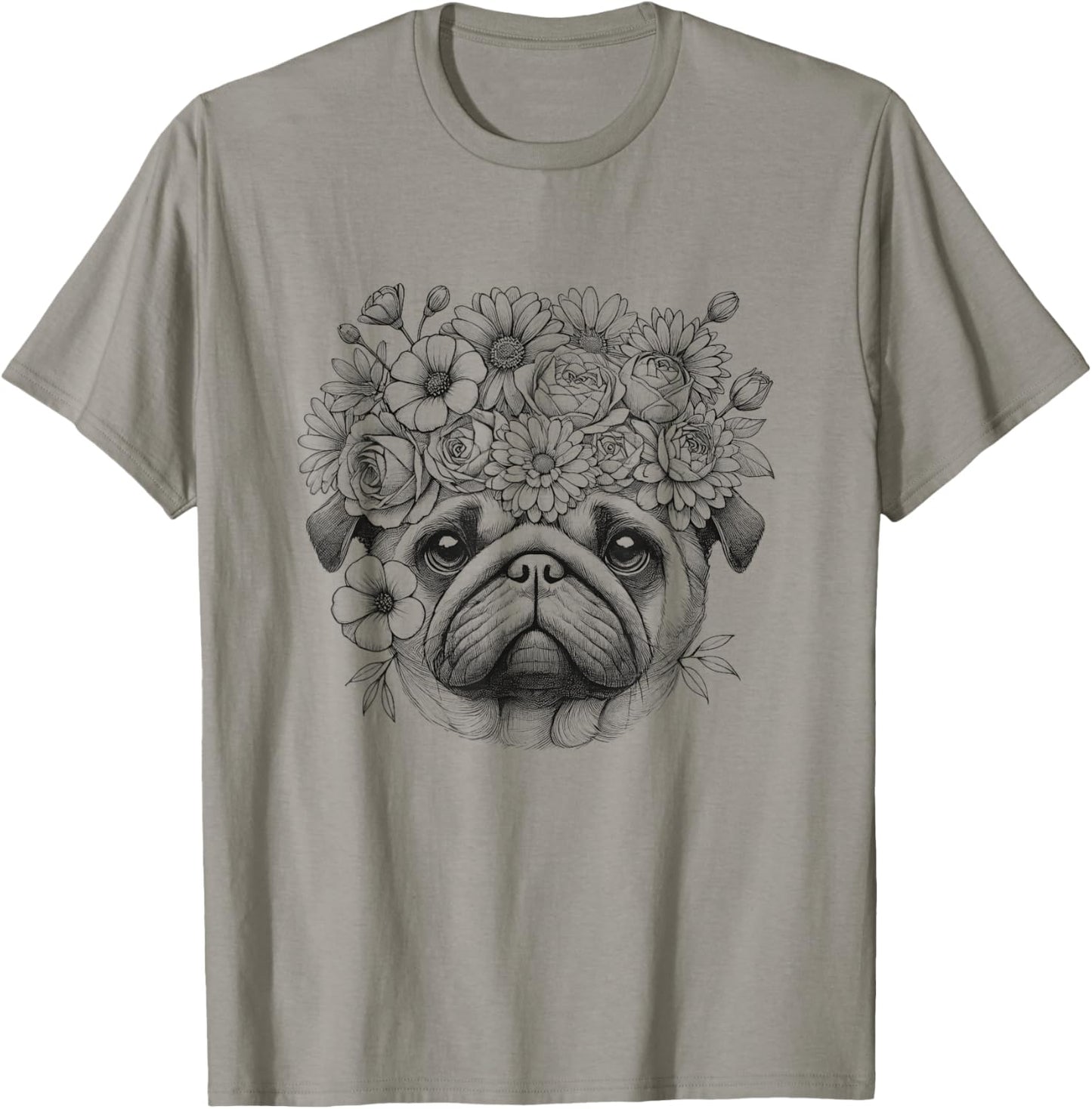 Floral Pug Face Dog With Flowers Design For Women And Girls T-Shirt