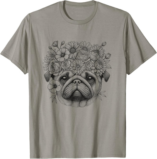Floral Pug Face Dog With Flowers Design For Women And Girls T-Shirt