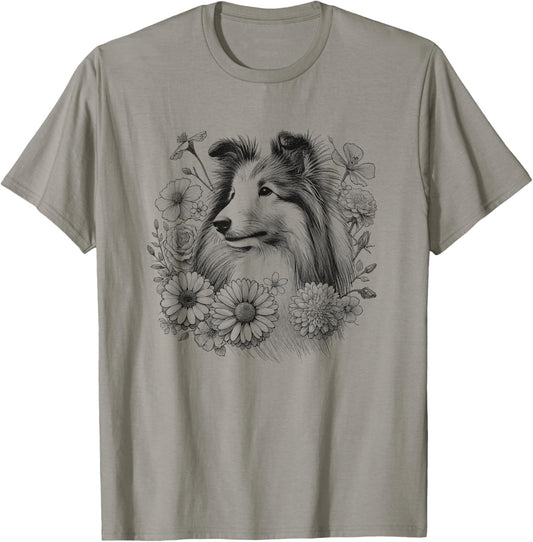 Floral Shetland Sheepdog Dog Sheltie Flower Design For Women T-Shirt