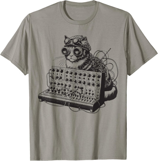 Steampunk Cat playing Synthesizer Synth Kitten Techno Music T-Shirt